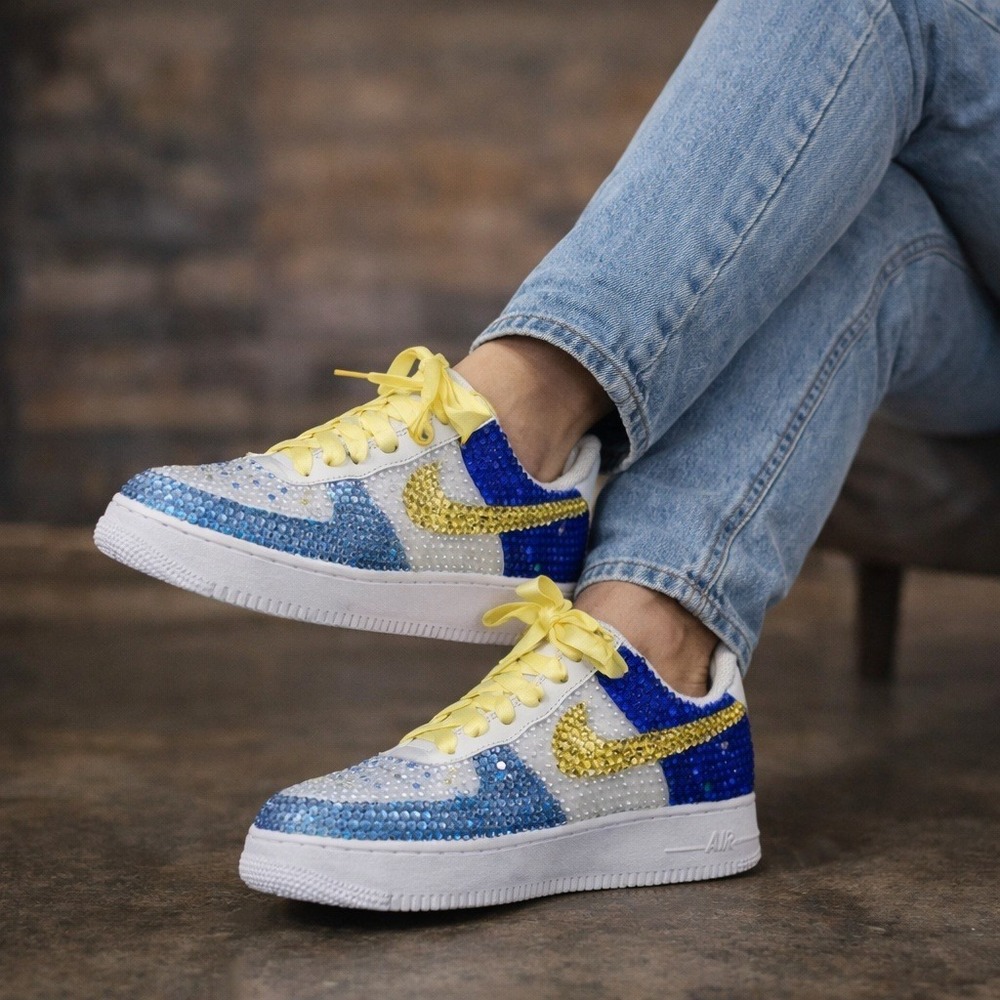 Custom Nike Air Force 1 Low Rhinestone Crystal Blue Yellow White Sneakers Womens - Picture 2 of 6